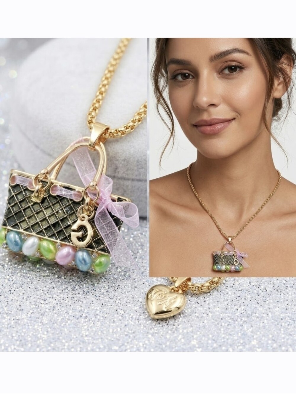 Gold Multicolor beaded crystal bow fashion purse necklace